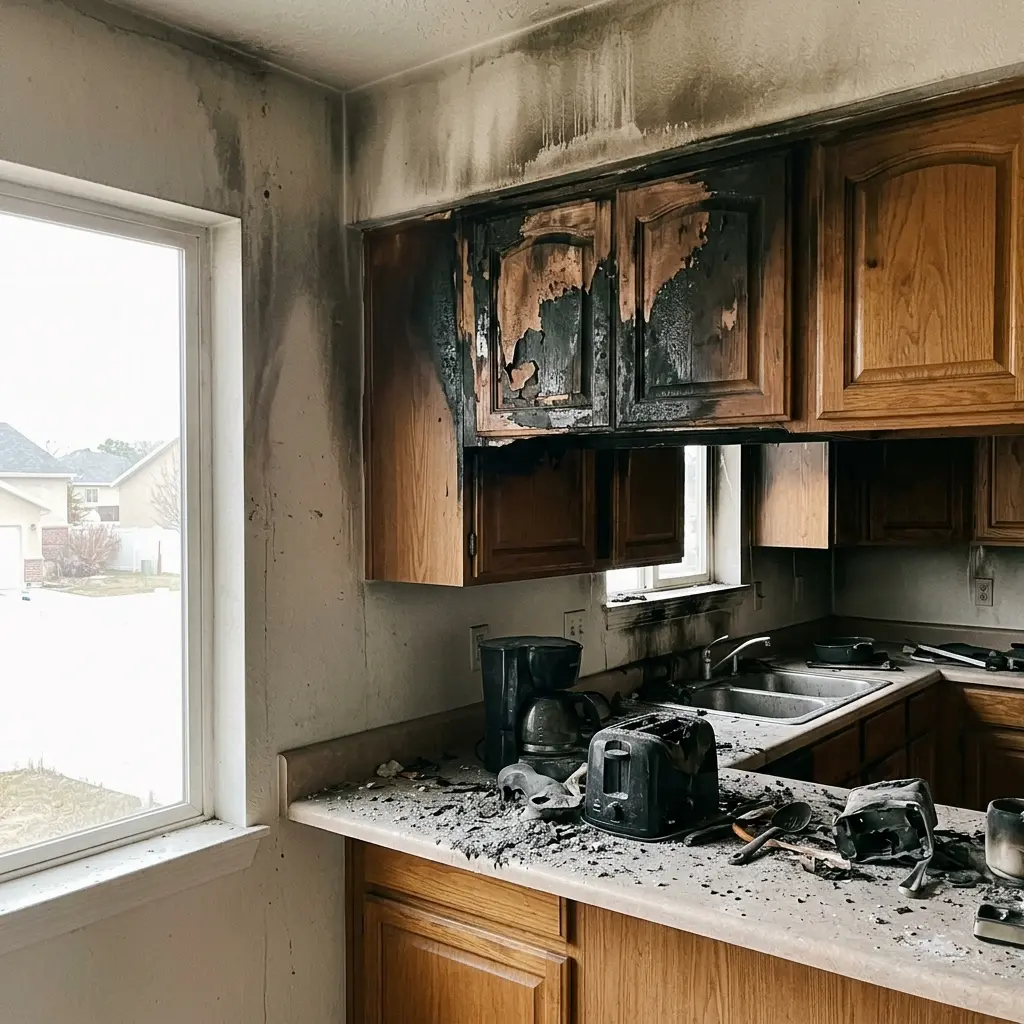 Kitchen with charred cabinets and heavy soot damage after a house fire