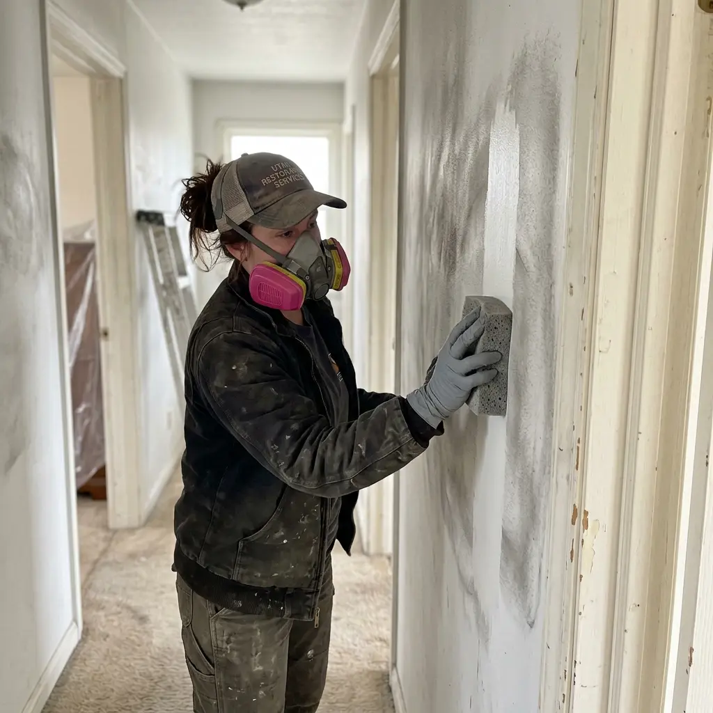 Technician wiping smoke soot from a hallway wall during fire damage cleanup
